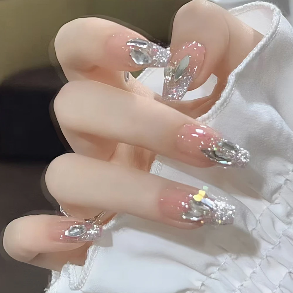 

24Pcs 3D Glitter Rhinestones Pink False Nails Handmade Wearable Fashion Fake nail Tips Full Cover Artificial Press On Nails #@!_