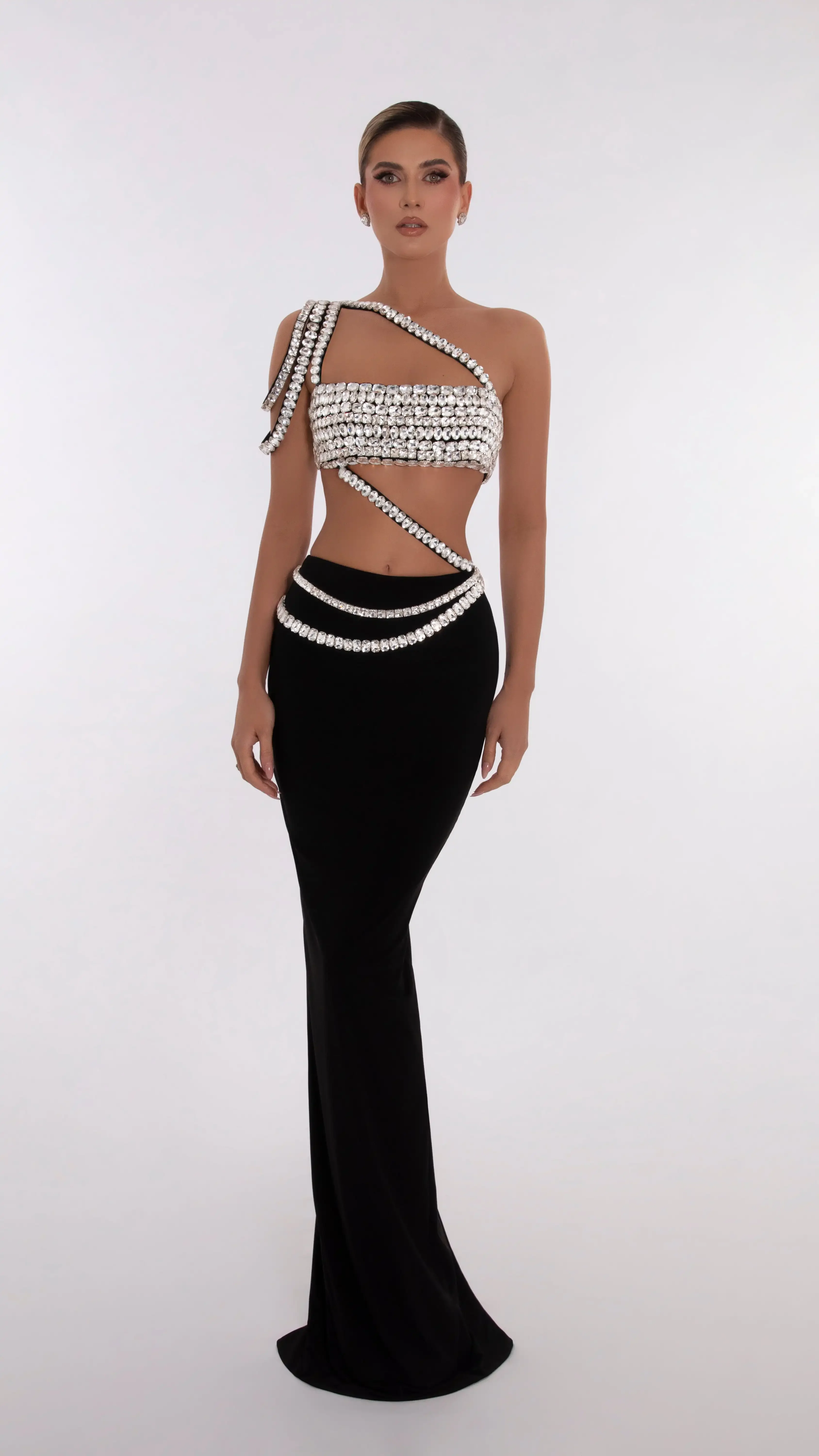 2024 Vrouwen Luxe Zwarte Feestoutfits Crystal Camis Crop Top En Lange Bandage Rokken Tweedelige Sets Celebrity 'S Avondgala-Jurk