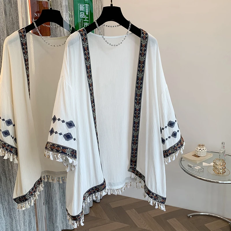 

SuperAen 2025 Summer New Bohemian Embroidered Tassels Fashion Cardigan Sun-protective Shirts Elegant Loose Shirts