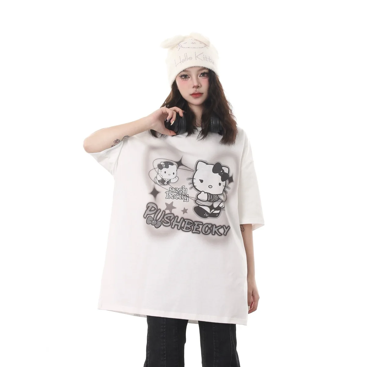 

Miniso Sanrio Hello Kitty Cotton Cute Cartoon Printed T-Shirt Ladies Short Sleeve Casual Round Neck Top Lovers Y2K Clothing