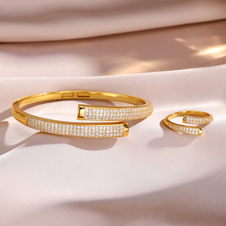 Yupsk Neues luxuriöses, elegantes, silberfarbenes, goldfarbenes Kupfer-Armband-Ring-Set für Frauen, funkelnder, brillanter Zirkon-Schmuckzubehör – Detail 4
