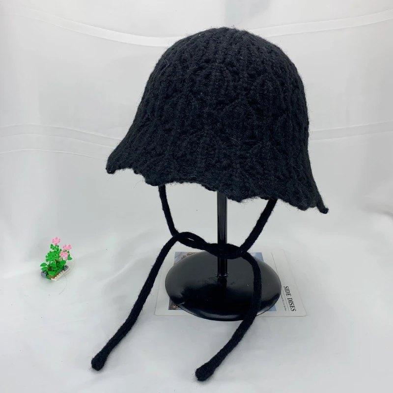 Breathable Hollow Lace Up Knitted Hat Spring and Autumn Monochrome Wave Edge Bucket Hat Sweet Lolita Travel Beach Panama Hat