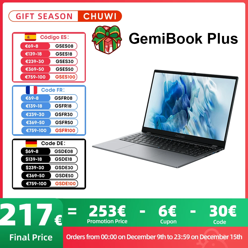 CHUWI-Ordinateur portable GemiPlePlus, Windows 11, Intel 12e N100, 15.6 pouces, écran FHD 1920x1080, 8 Go LPDDR5, 256 Go SSD, Wi-Fi 6, M.2, jusqu\'à