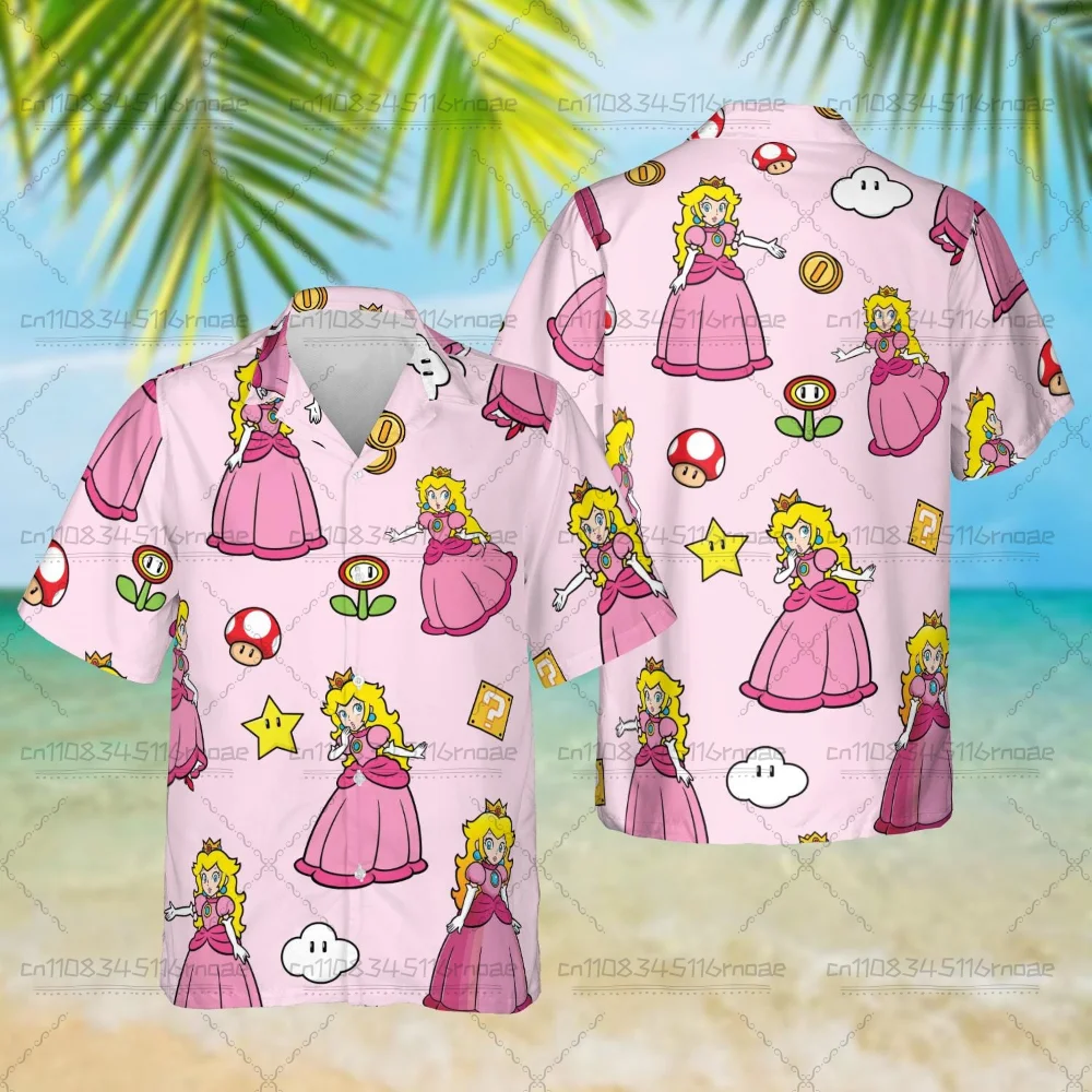 

2026 Summer New Super Mario Men's Hawaiian Short sleeved Shirt 3D Printed Casual Street Retro Men's Button Princess Peach Shirt