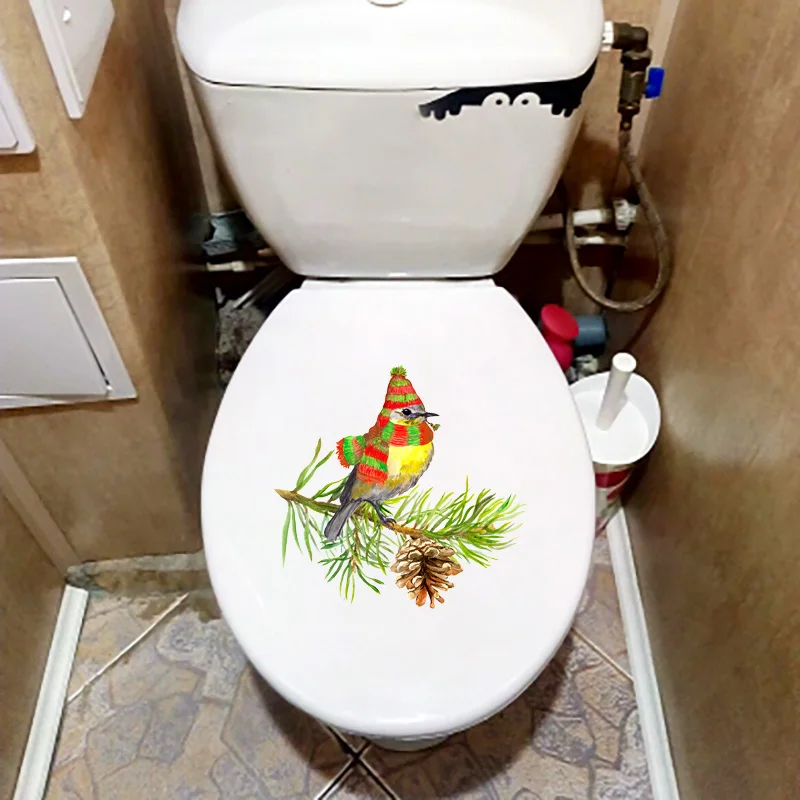 T422# Bird With Christmas Hat Funny Toilet Stickers Cartoon  Urination Toilet Lid WC Door Sticker Decor Paper Household