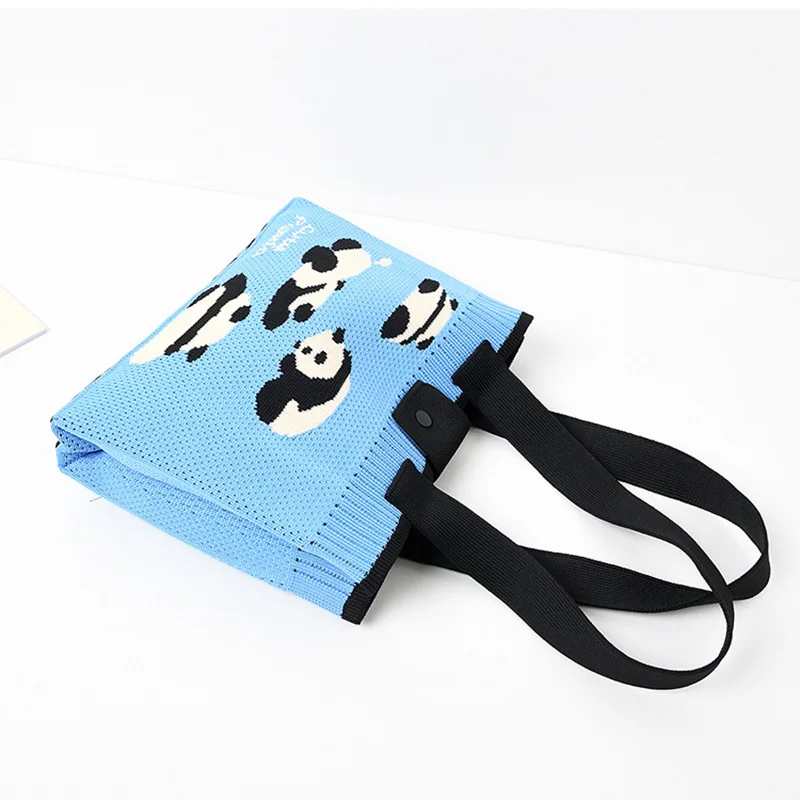 Fashion Cute Panda Pattern Knitted Shopping Bag Large Student Shoulder Bag Tote Bags Handmade Crochet Large Capacity Handbag