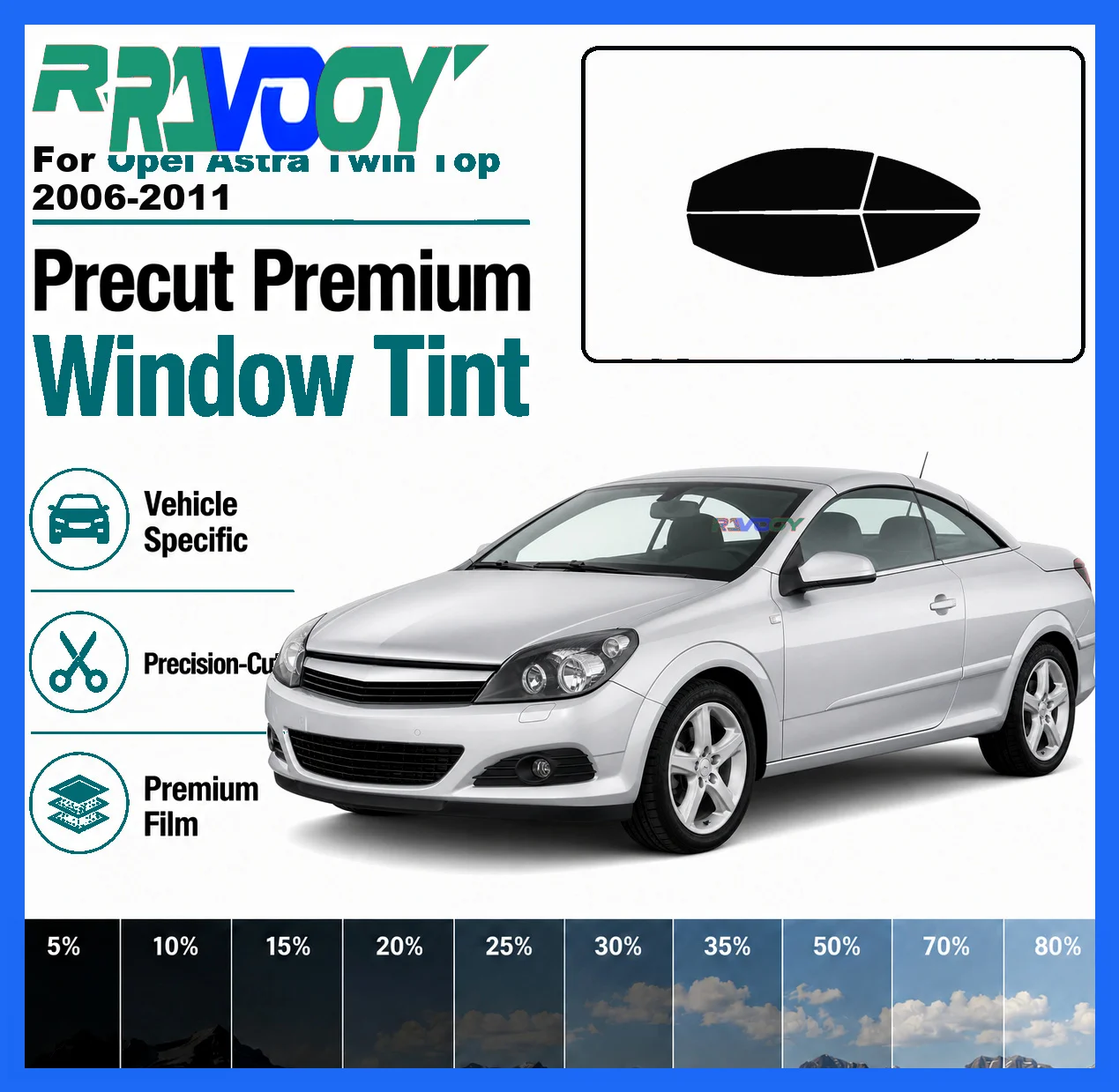 For Opel Astra Twin Top 2006-2011 RAVOOY Pre-Cut Window Tint Film Vehicle-Specific Full Kit Front & Rear Windows Precision-Cut