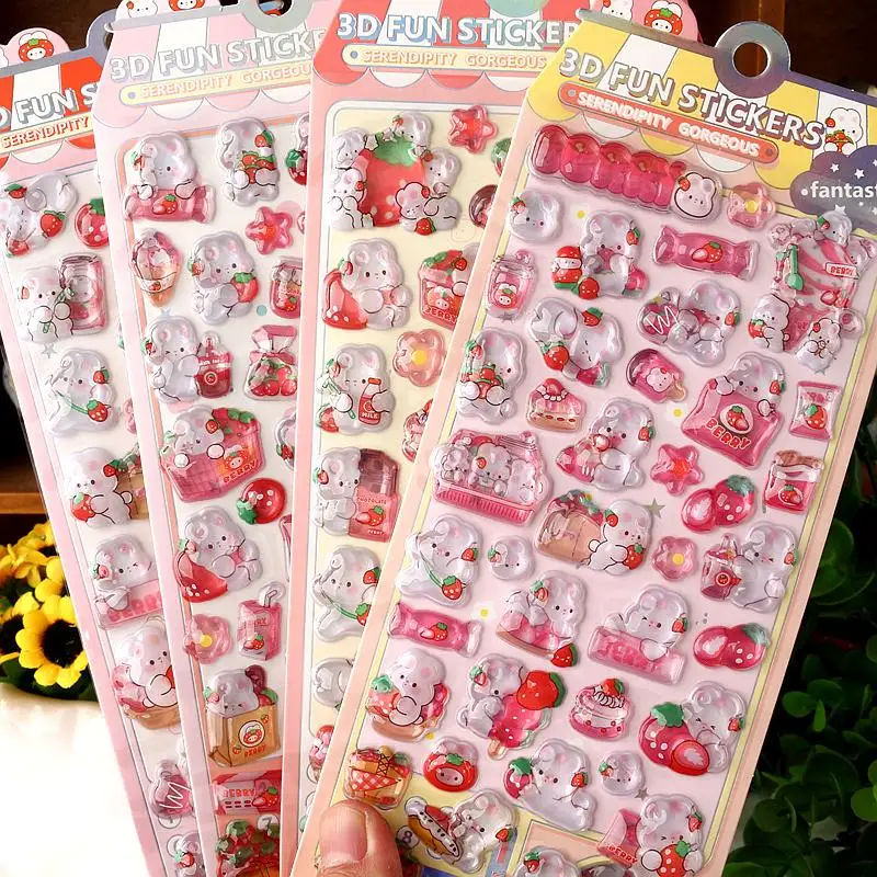 

4pcs Kawaii Strawberry Rabbit 3d Relief Crystal Sticker Cute Diy Mobile Phone Decor Sticker Student Hand Account Stationery Gift