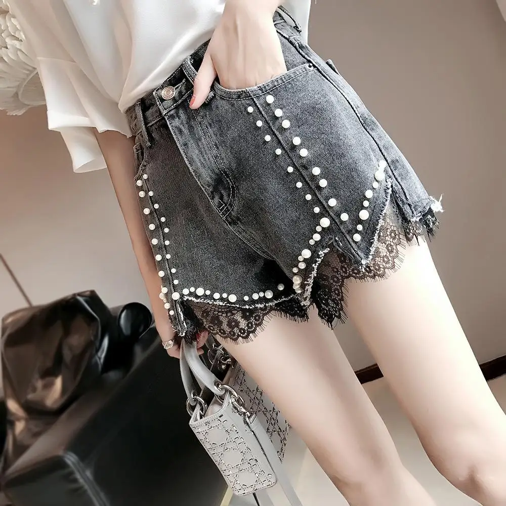 

Denim Shorts Women High Waist Summer Lace Patchwork Short Jeans Pearl Beading Irregular Short Pants Clothes Streetwear Chic Slim