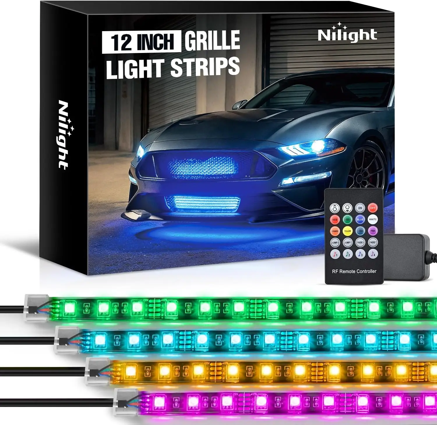 Nilight 4Pcs 12inch LED Grille Lights RGB Multicolor Exterior Lighting Kit Wireless Remote Control for Cars Van SUV Truck