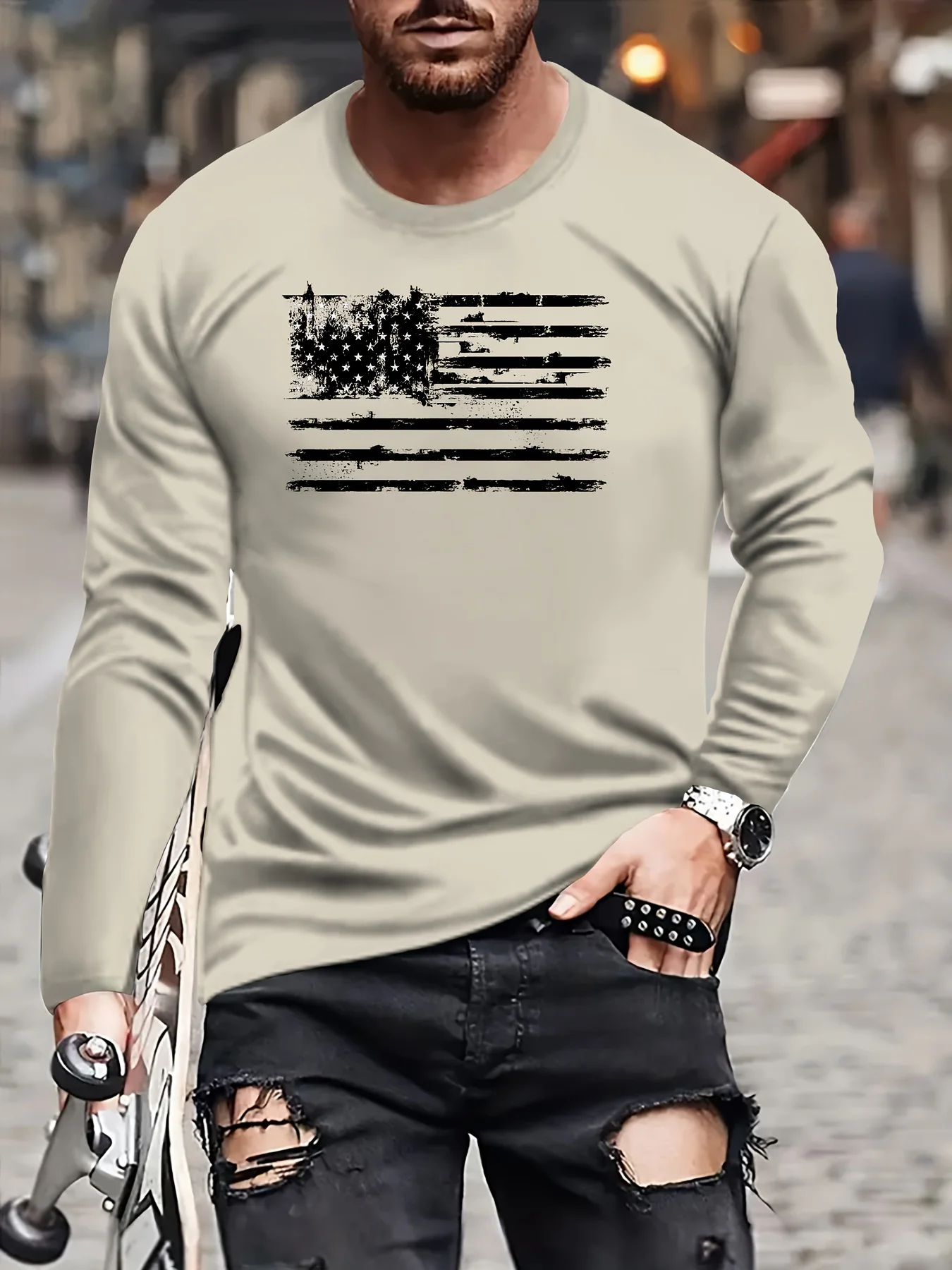 100% cotton men's long sleeved round neck loose classic print autumn and winter casual versatile T-shirt top