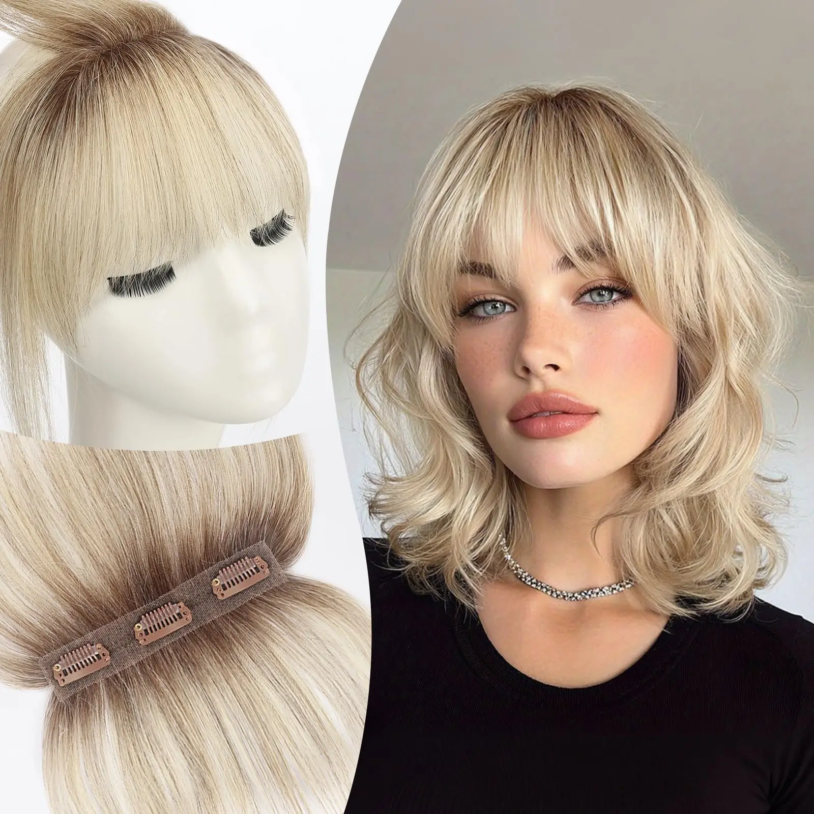 Ombre Light Blonde Air Bangs HairPieces with 5 inch 3D Wispy Fringes Bangs 100% Human Hair Bangs with 3 Non-slip Clip for Woman