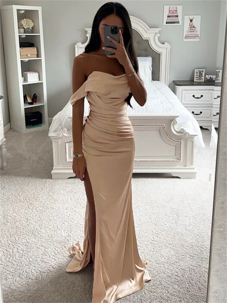 Elegant Sheath/Column Elastic Woven Satin Ruched Off-the-Shoulder Sleeveless Floor Length Backless Sweep/Brush Train Dresses