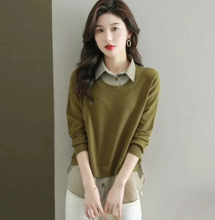 루즈핏 여성 셔츠 스트라이프 니트 탑 한국 스타일 봄 가을 겨울 신상품