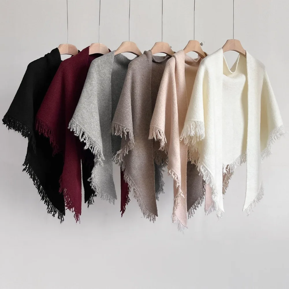 

Autumn and Winter New Women's Neck Wrap Wool Blended Tassel Triangular Shawl Female Thickened With Knitted Warm Shoulder 2 Pcs
