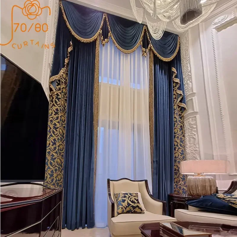 

Villa Palace High Windows Customized Gold Embroidery Lace Blue Velvet Curtains for Living Room Bedroom High-end French Baroque
