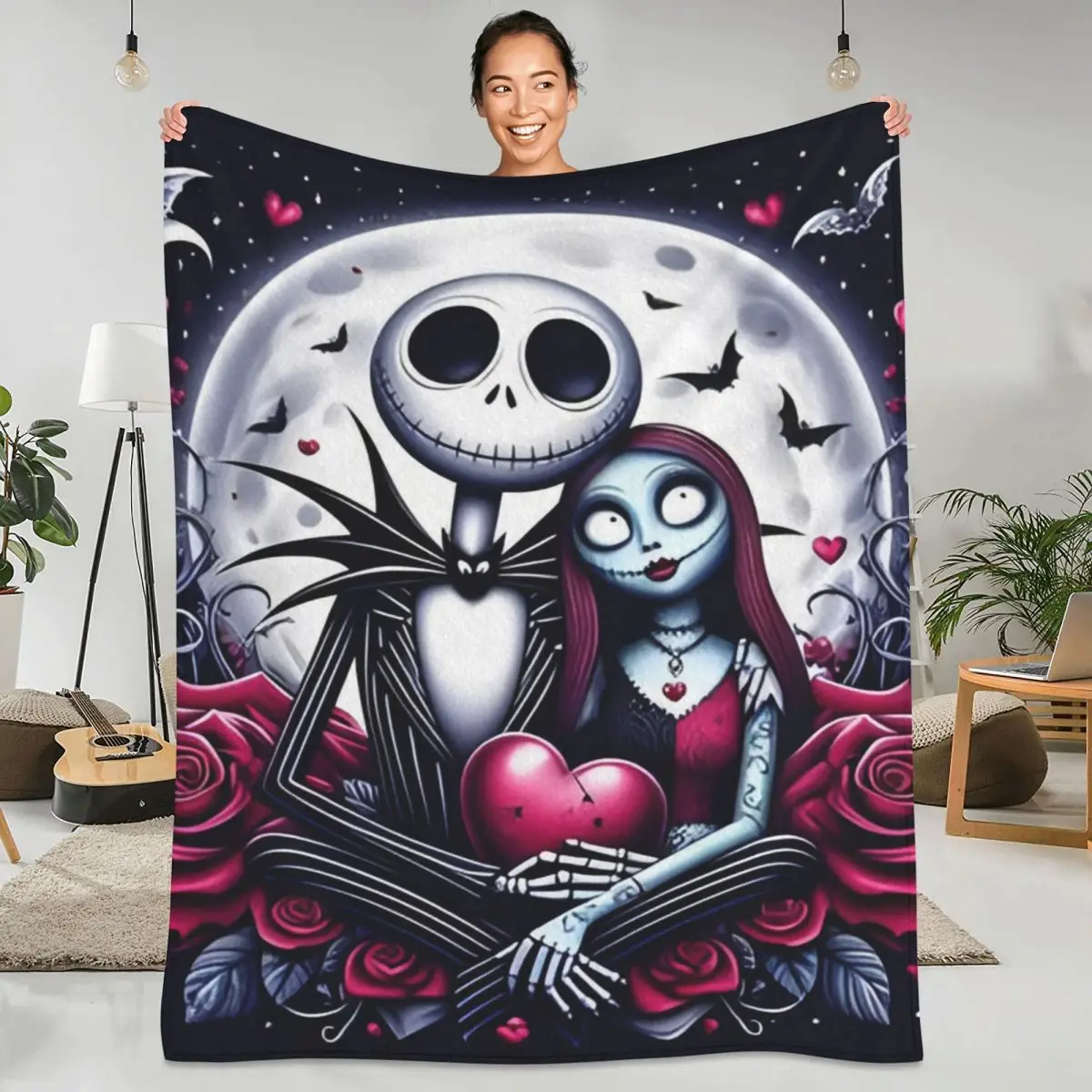 The Nightmare Before Christmas Flannel Blanket Jack Skellington and Sally Bedding Throws for Outdoor Decorative Bedspread Cover