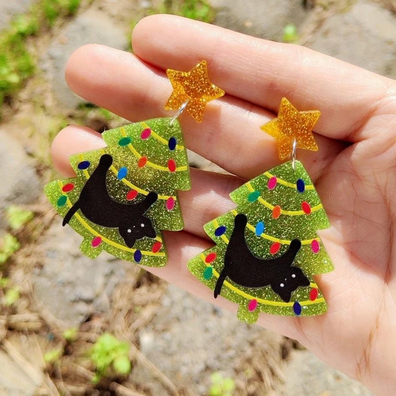 KUGUYS Christmas Gifts Lovely Women\'s  Drop Earrings Cartoon Cat Tree Acrylic New Year Jewellery