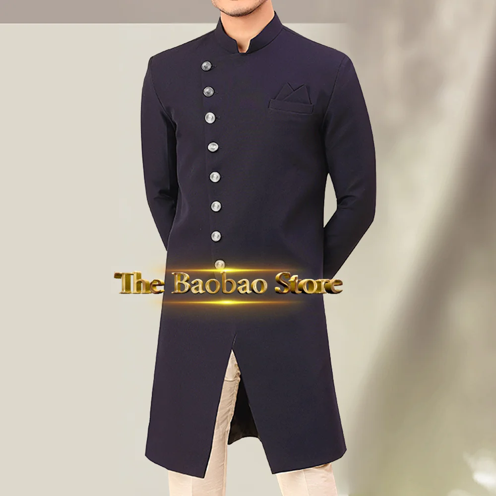 

Traditional Plain Mens Sherwani for Wedding Party Fashion Navy Blue Blazer with Silver Buttons Tailored Formal Suit for Male