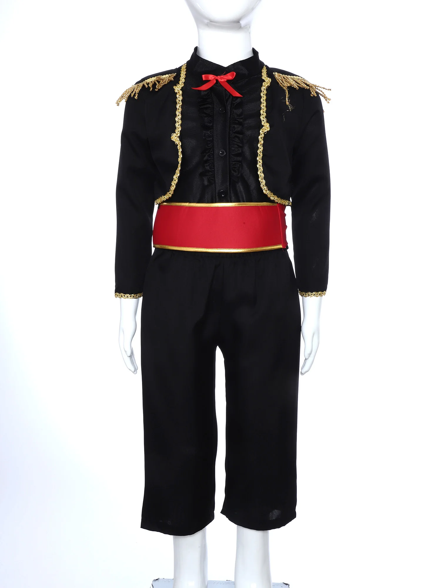 

Mexican Charro Costume for Boys Gold Trim Jacket Pants Set Detachable Bow Collar Wide Brim Hat Fiesta Halloween Cosplay Outfit