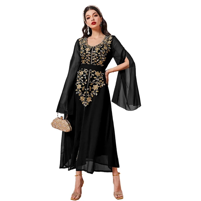 QL8126 (Black) Muslim Women's Dress Fashion Dubai Embroidered Decal Extra Long Sleeve Dress