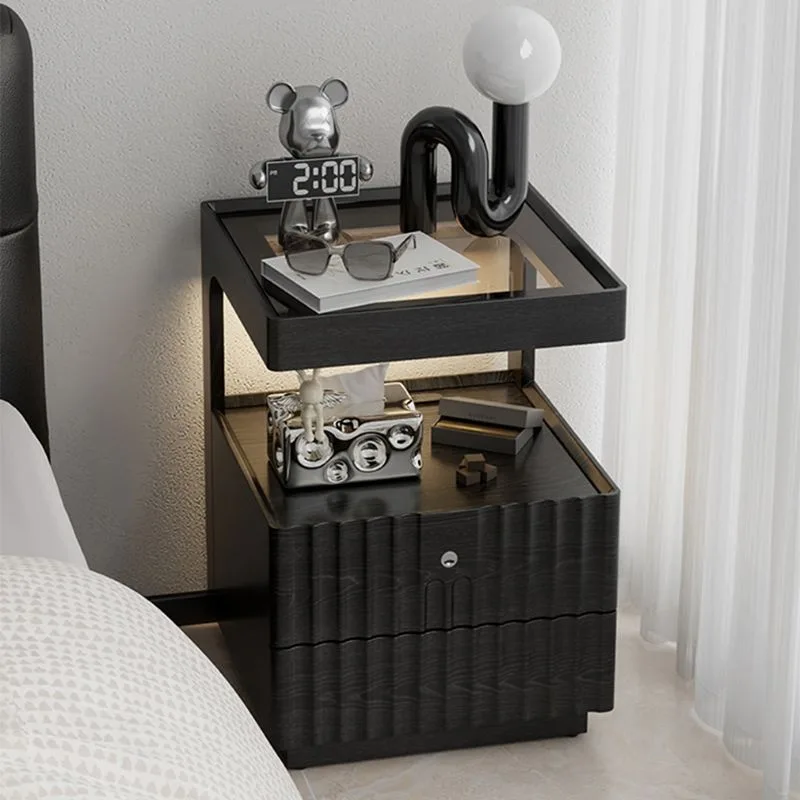 

Solid wood bedside table black simple modern bedroom bedside storage cabinet with lock locker with light charging locker
