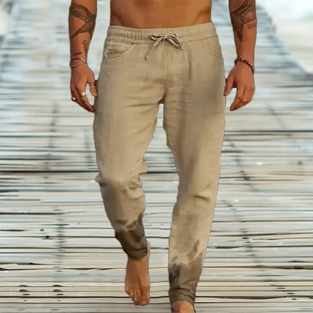 Männer Baumwolle Leinen Casual Jogginghose Strand Hosen Jogger Solide Kordelzug Elastische Taille Hosen Männlichen Urlaub Lose Gerade Hosen – Detail 5