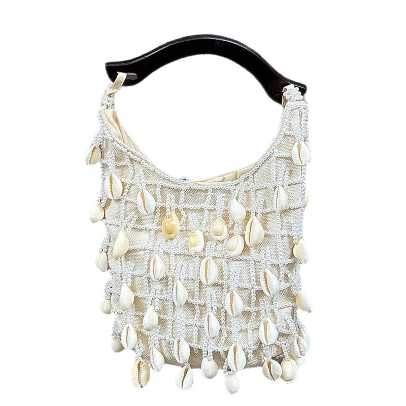 

Handmade Shell Pearl Beaded Tassel Handbag Trendy Wooden Handle Ladies' Embroidery Hobo Evening Bag Simple Shoulder Banquet Bag