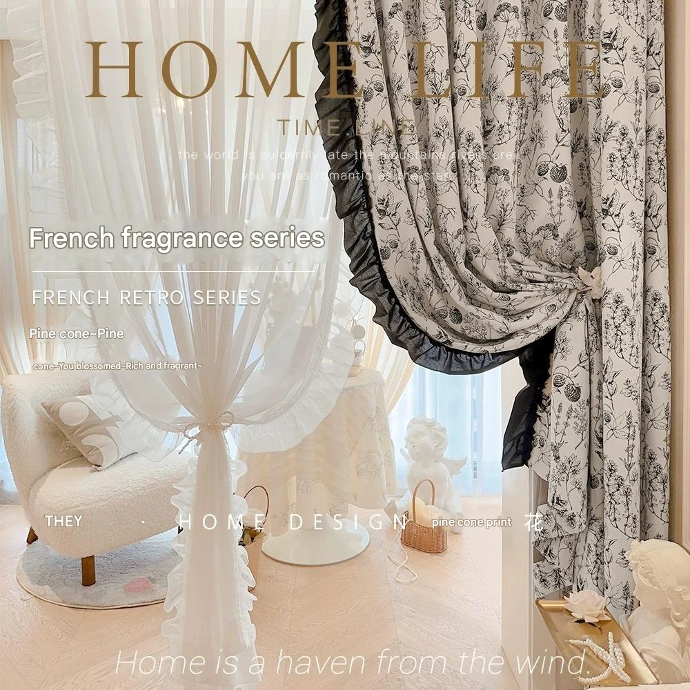 

French blackout retro pine cone black lace palace print curtains living room bedroom balcony finished product wholesale