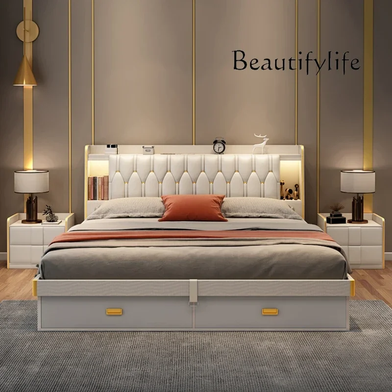 

X Elegant Modern Storage Double Bed Frame House Luxury Organizer Queen Size Bed Adults Tatami Cama Bedroom Set Furniture