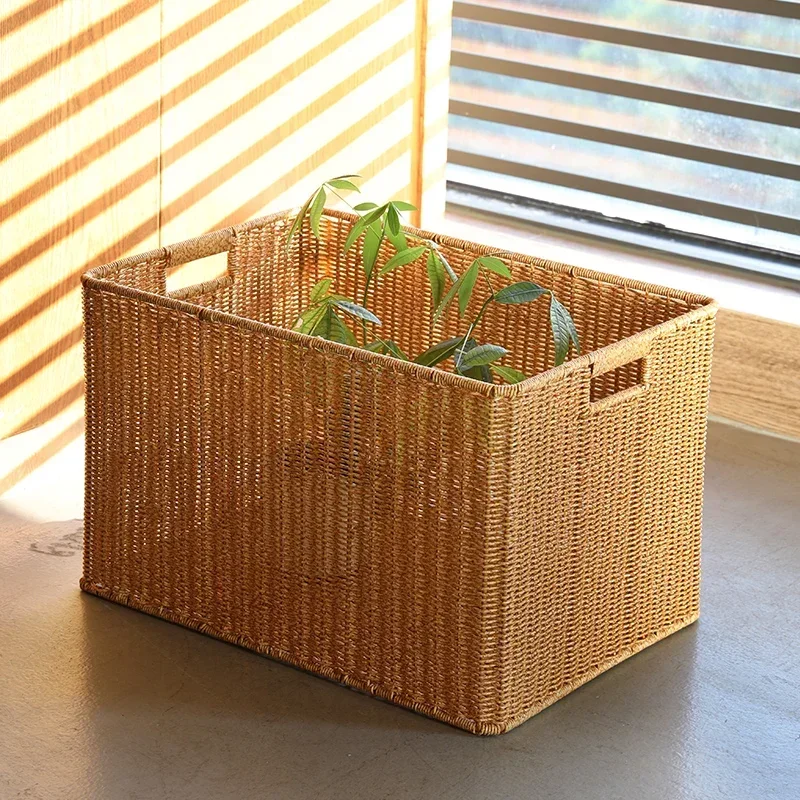 Japanese Simple Storage Basket, Large Imitation Rattan Laundry Baskets, Hollow-Out Design, Toy Basket, Two-Side Handle, Case