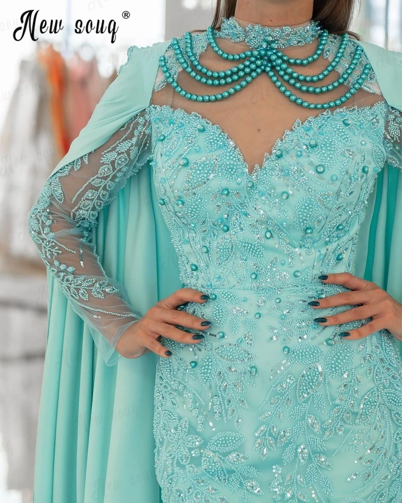 Couture Elegant Turquoise Formal Evening Dress Chiffon Long Cape Sleeve Dubai Pearls Celebrity Dress Beaded  Robe Soirée Female