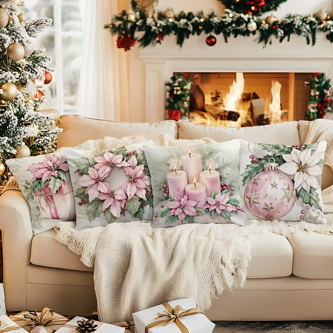 

Pink Poinsettia Candle Pillowcase Printed Polyester 45x45cm Throw Pillowcover Decorative Sofa Cushion Pillowslip Home Decor