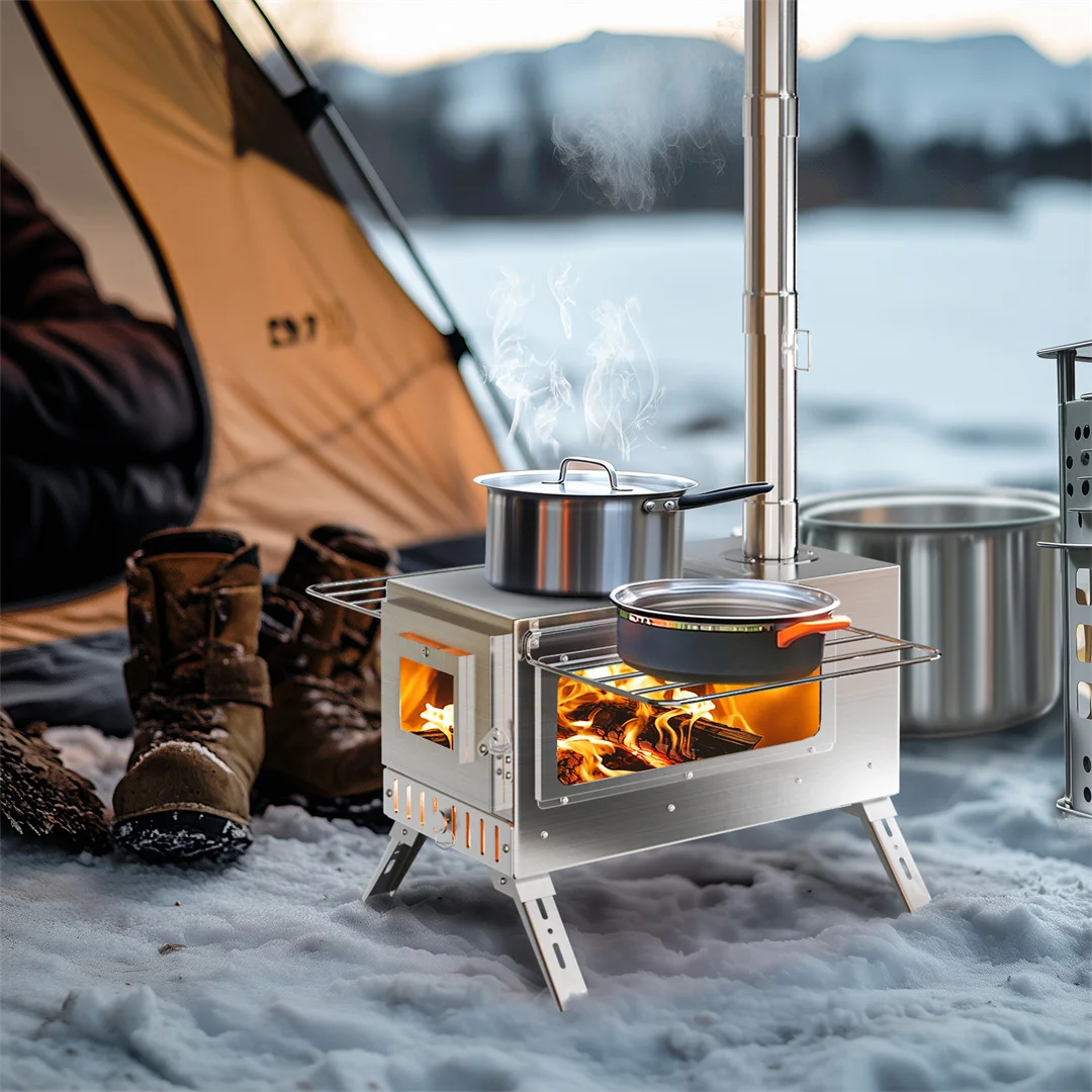 Hot Tent Stove, Stainless Steel Wood Burning Camping Stove with 7 Chimney Pipes for Winter Heating Cooking