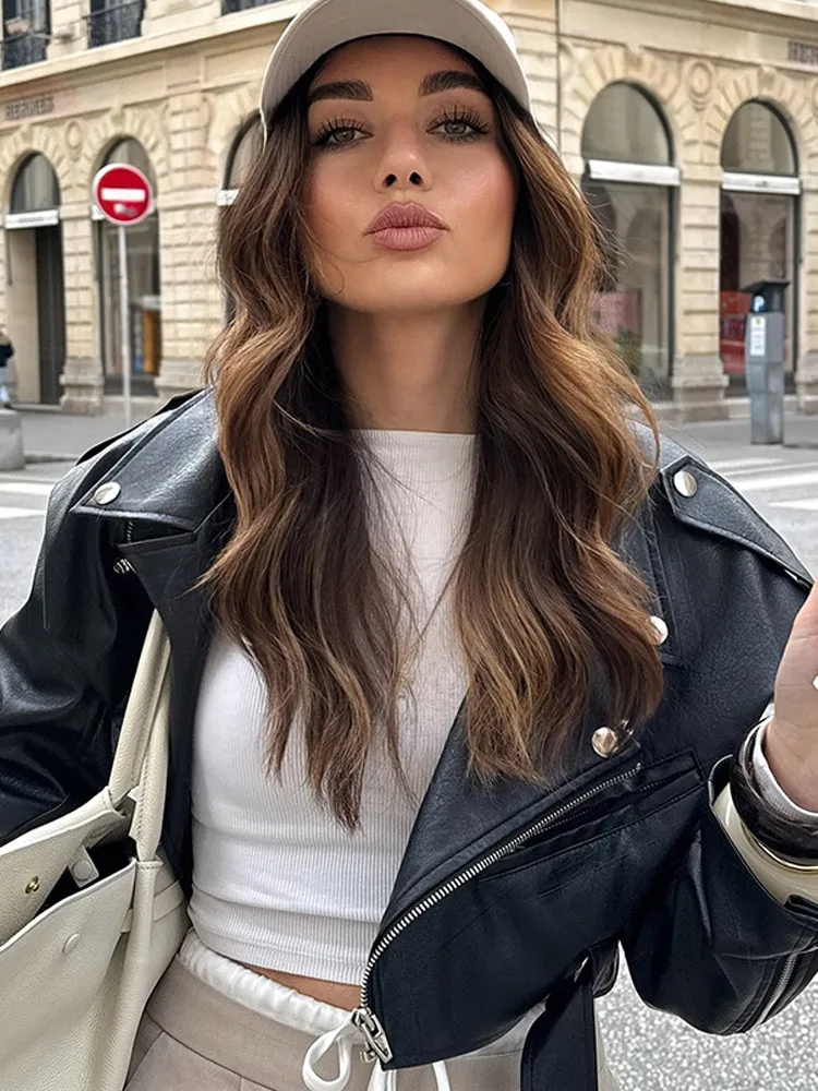

Daily Casual Black Belt Short Leather Jacket Women Chic Zipper Lapel Pocket Loose Cropped Pu Jackets Lady Commuting Streetwear