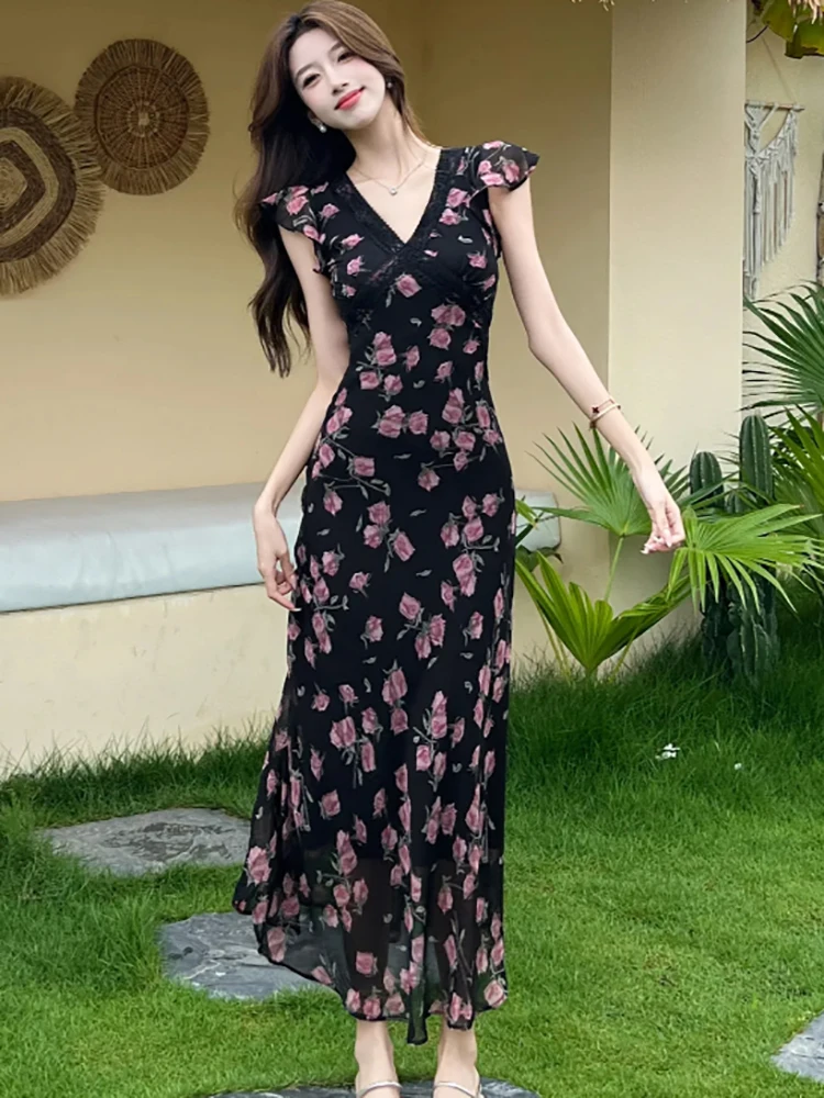 2025 สีดําชีฟองดอกไม้บินแขนเก๋ลูกไม้คอวีชุดผู้หญิงวินเทจB Odyconหรูหราชุดยาวฤดูร้อนชุดพรหมหรูหรา