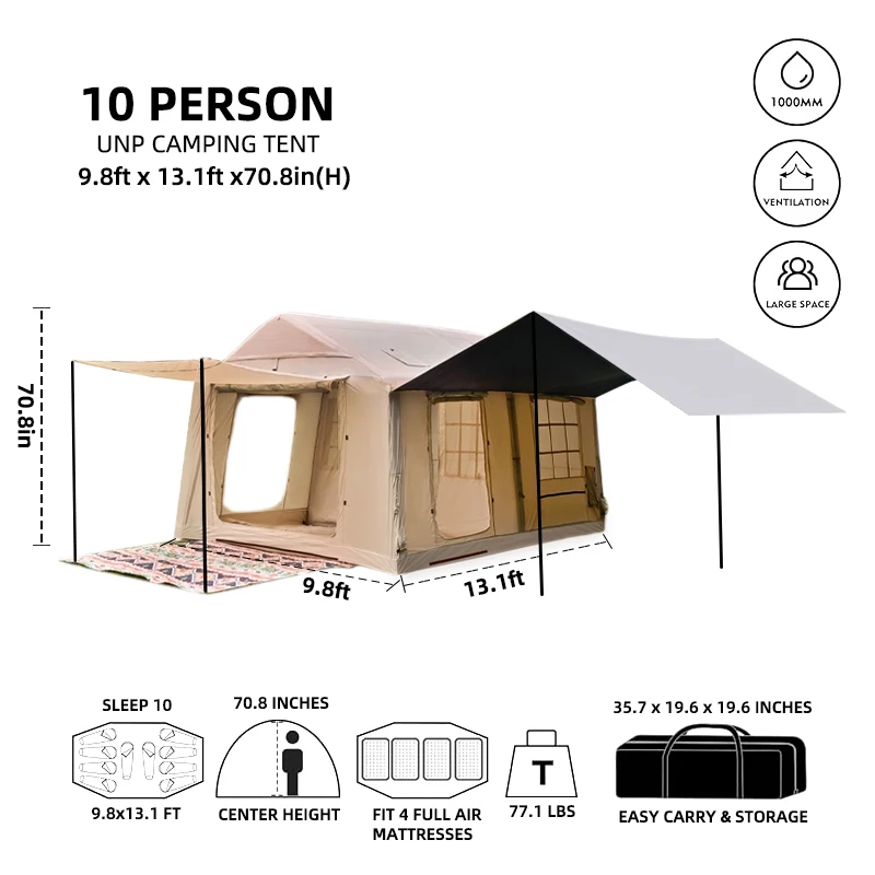 10-12 People Inflatable Tent for Camping Large Inflatable Tent, Easy Setup Glamping Tent with Pump,4 Season Tents for Camping,I