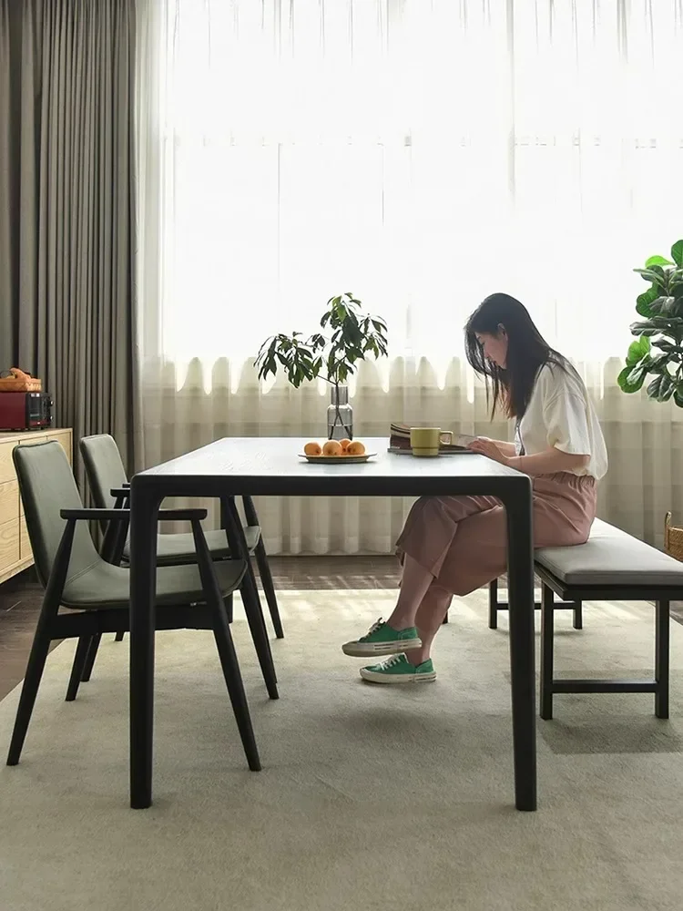Solid wood dining table, black tea table, log skin semi-transparent long dining table