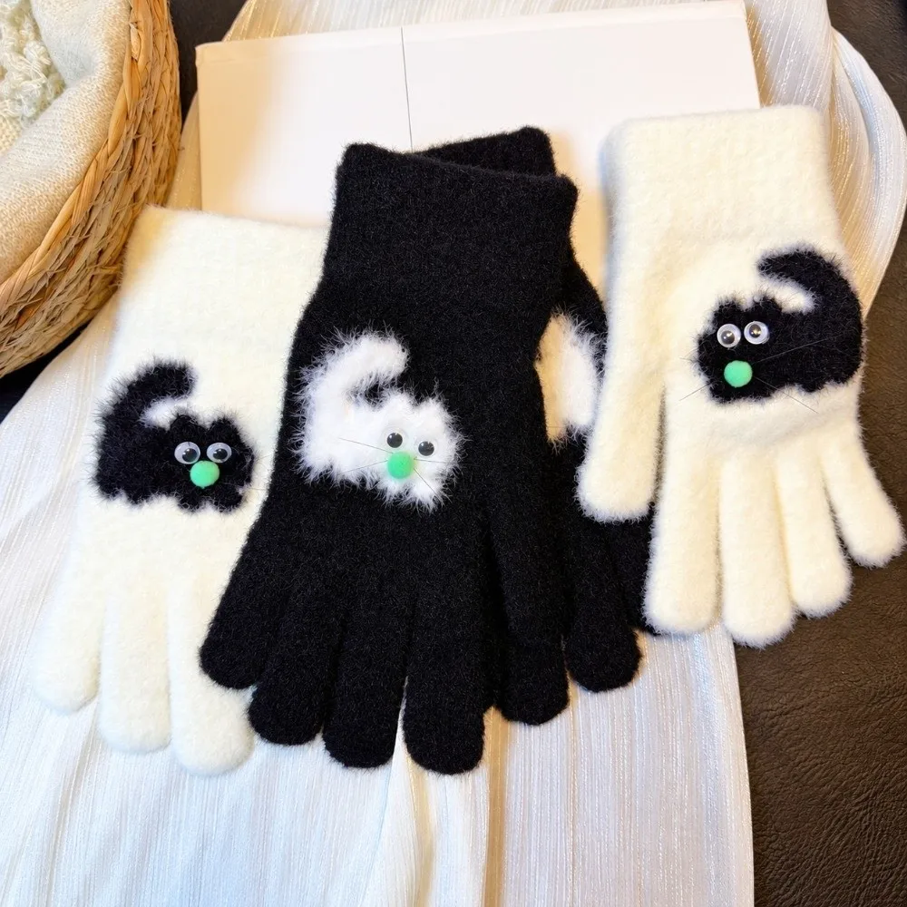 1 Pair Warm Women's Winter Glove Thickened Knitted Cute Cat Jacquard Glove Faux Mink Fur Stretchy Fleece Lined Glove Outings