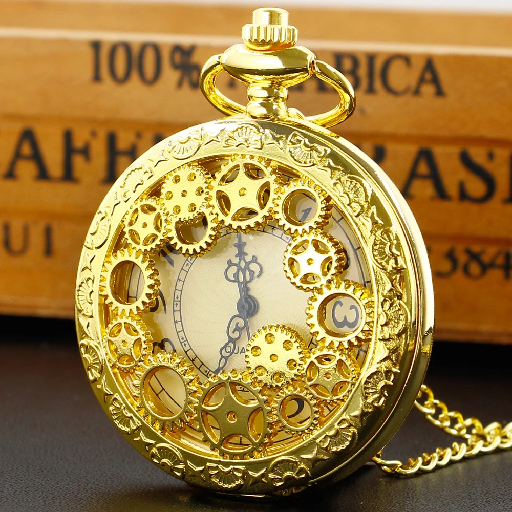 

Unisex Vintage Hollow Skeleton Gear Quartz Pocket Watch Steampunk Necklace Pockets Chain Watches reloj de bolsillo