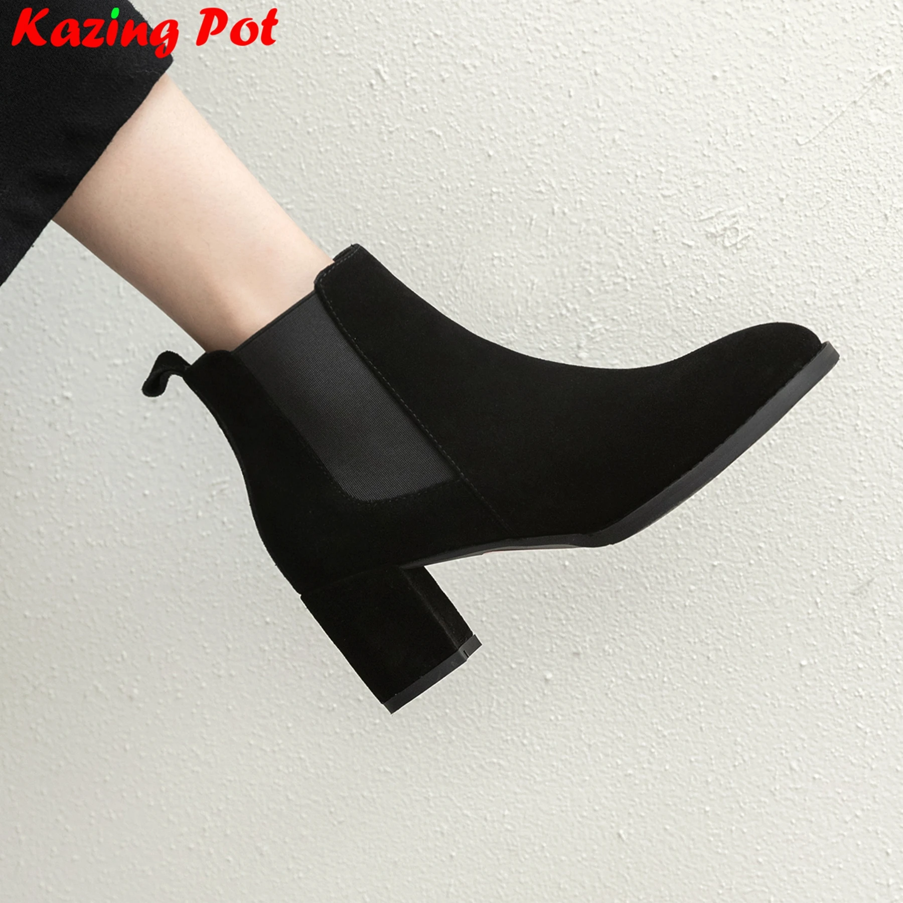 

Plus Size 34-43 Cow Suede Round Toe High Heels Modern Chelsea Boots Warm Autumn Winter Shoes Dating Concise Brand Ankle Boots