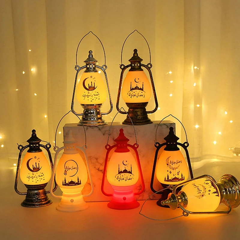

7Pcs Vintage Eid Mubarak Hurricane Lamp Ramadan Kareemcoal Oil Windproof Decorative Lights Home Festival Ornament