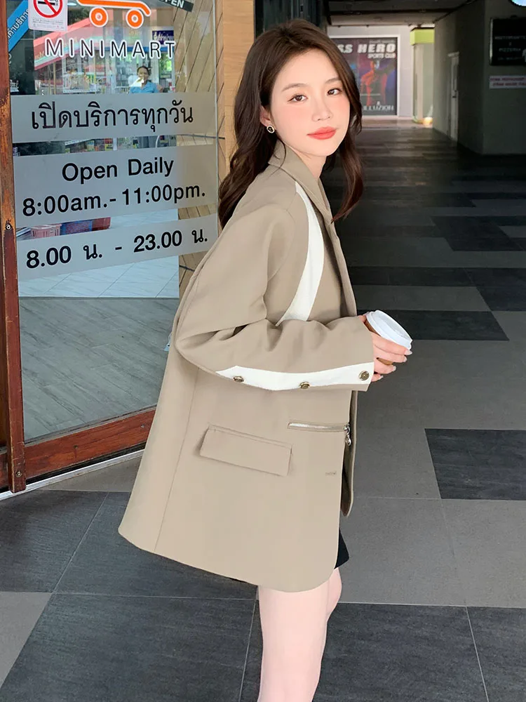 LANMREM Contrast Color Blazer For Women Notched Long Sleeves Single Breasted Ziper Design Blazers 2024 Casual Clothing 2Z1080