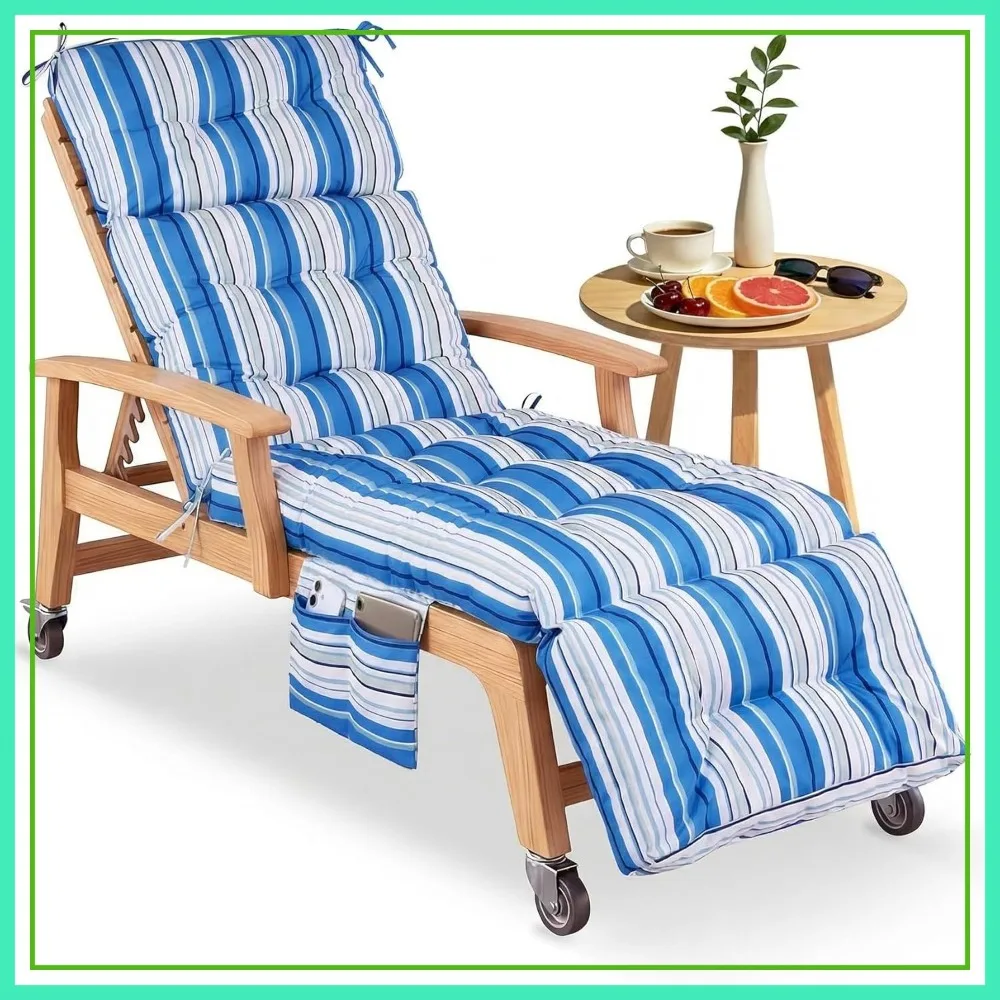 

Waterproof Patio Chaise Lounge Cushion 74.4"x22.8"x4.7" with Ties and Pocket, Striped Blue Sage