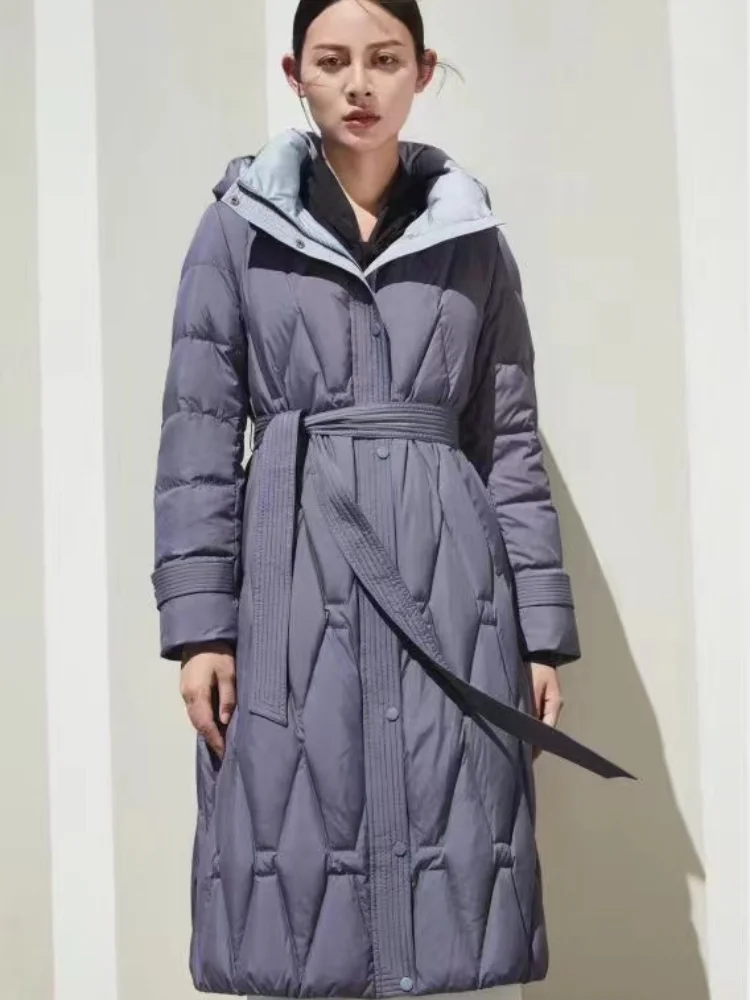 Long Puffer Coats for Women, Thick Hooded Jacket, Windproof Parka, Simple, Elegant, Slim Belts, Winter, New, 2024