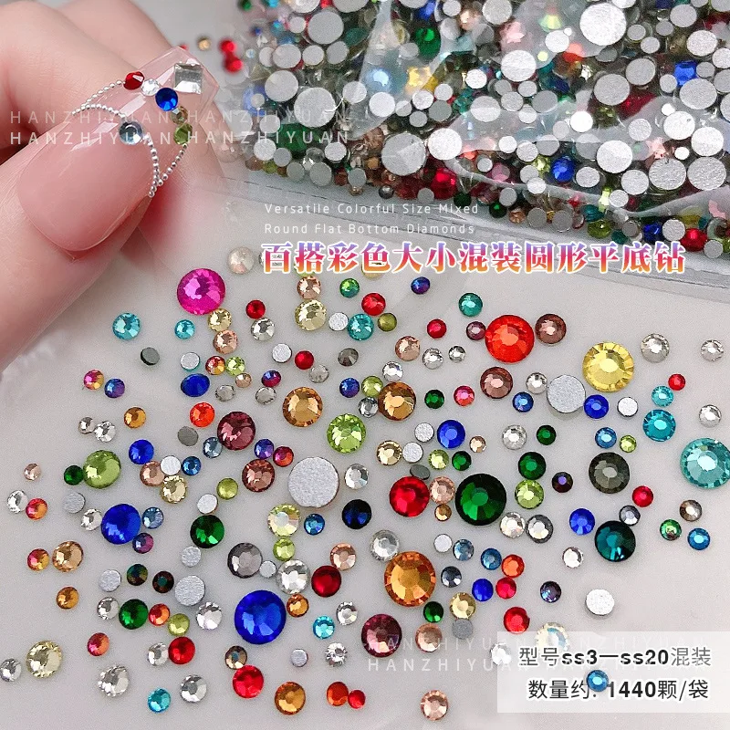 1440 pezzi Mix Size SS3-SS20 vari colorati Flatback Round Diamond Crystal Glass Nail Art strass decorazioni ciondoli per Manicure