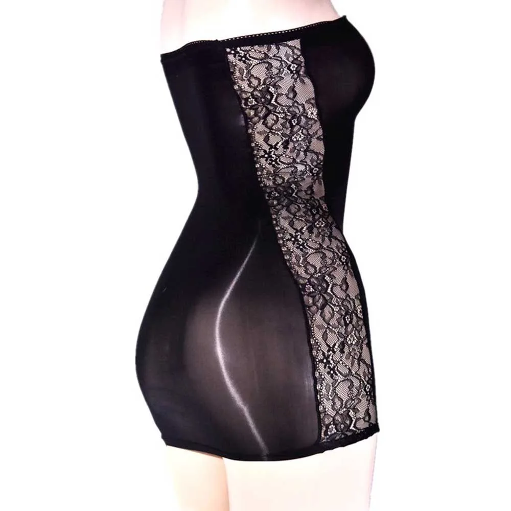 Embrace your Inner Diva with this Lace Seethrough Bodycon Dress Oil Shiny Glossy Tube Top Mini Dress for Party Seductresses
