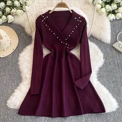 Vintage Long Sleeve Elegant Notched Neck Chic Embroidered Bead Knitted Dresses French Evening High Street Autumn Winter Clothing