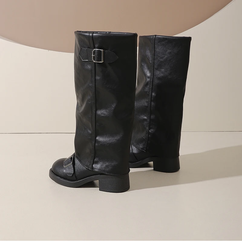 Vintage Starke Ferse Frauen Kniehohe Stiefel Mode Damen Gürtel Schnalle Ritter Lange Booties Botas De Inverno Feminina – Detail 22