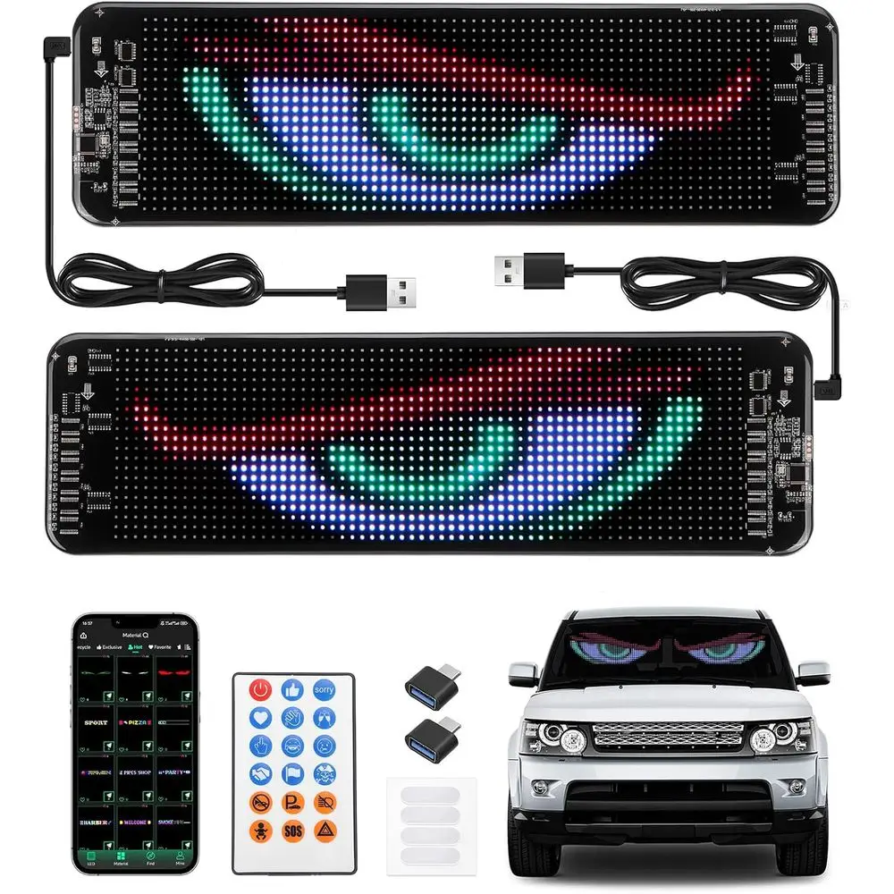 

Комплект из 2 светодиодных очков для лобового стекла 14x4 с приложением и пультом дистанционного управления, кабель USB-C длиной 16 футов, настраиваемый, IP65, корпус из мягкого полиуретана для автомобиля/внедорожника